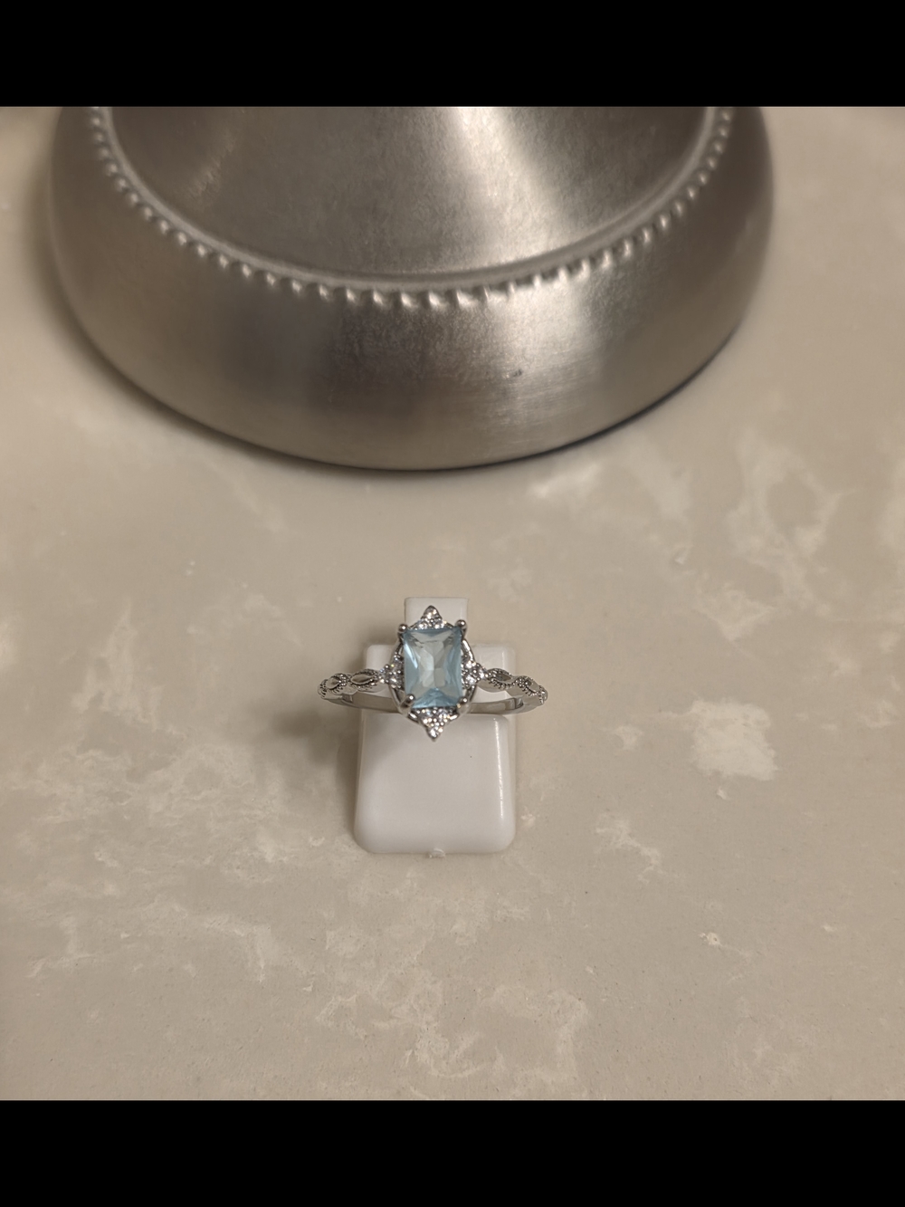 Silver Aquamarine Halo Ring - Light Blue Gemstone Size 7